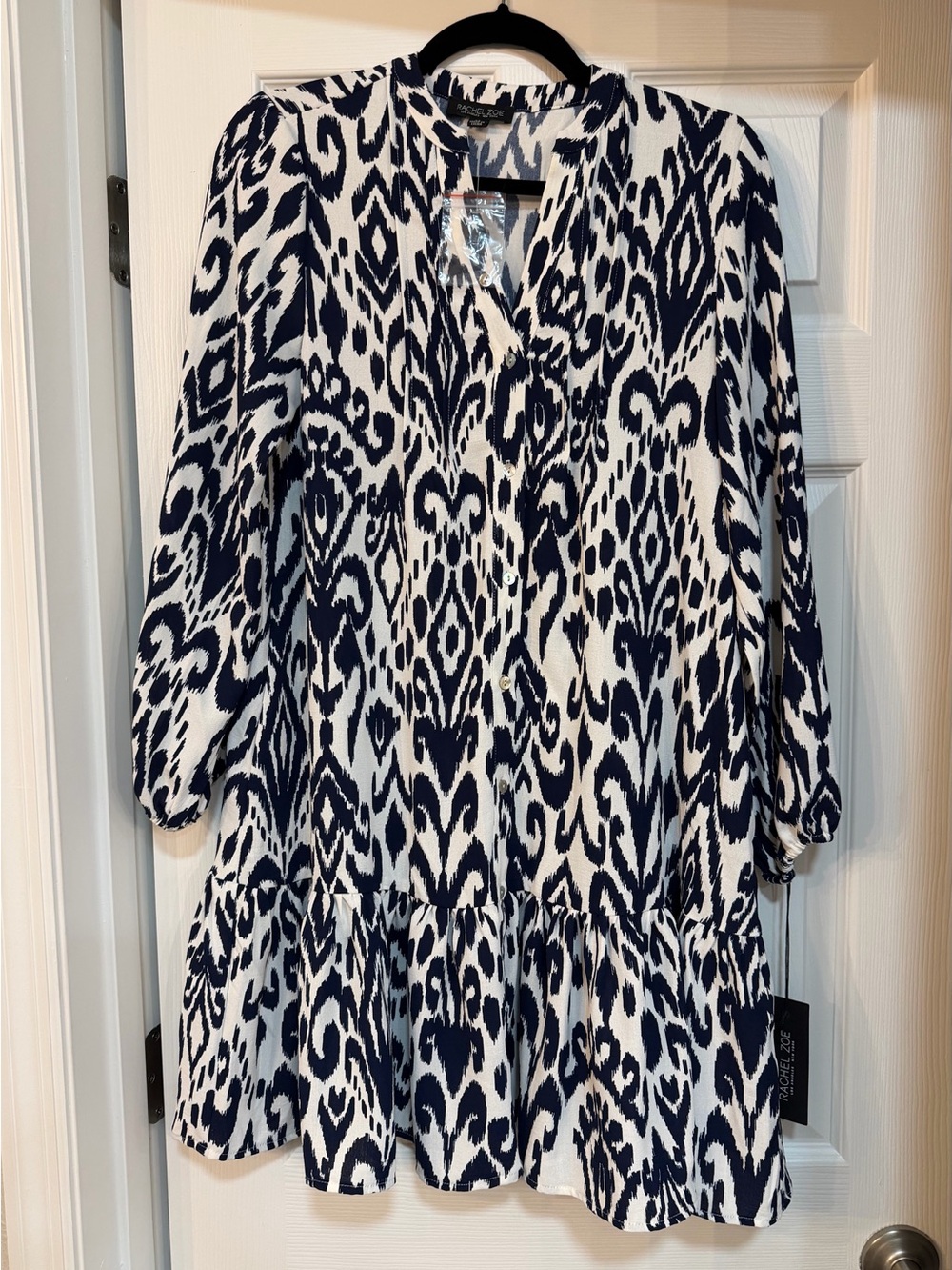 Rachel Zoe Navy and White Printed Long-Sleeve Tiered Dress NWT